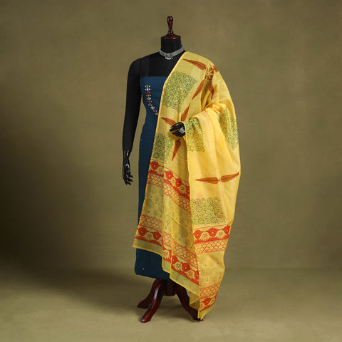 Yellow Block Print Chanderi Silk Sanganeri Floral Dupatta
