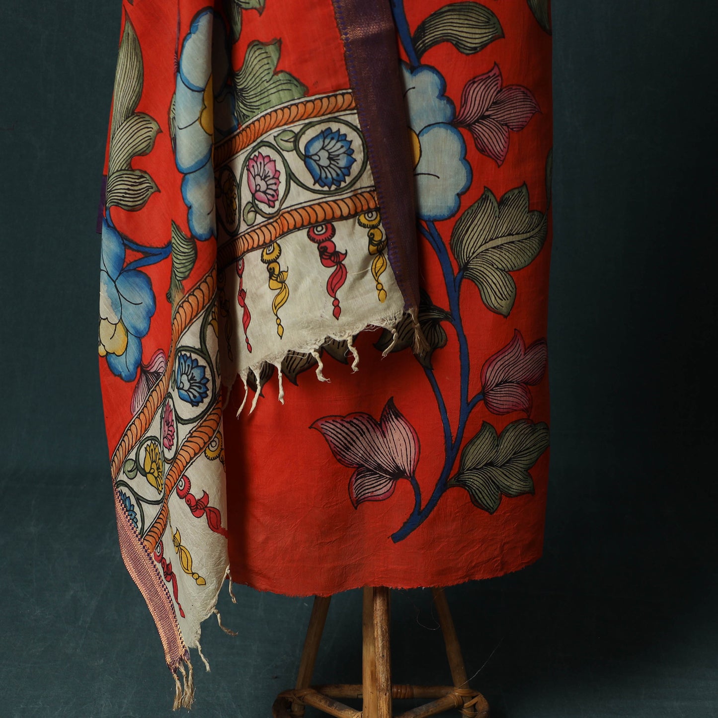 Handpainted Srikalahasti Pen Work Kalamkari Bangalore Silk 2pc Unstitched Dress Material Kurta Set 08