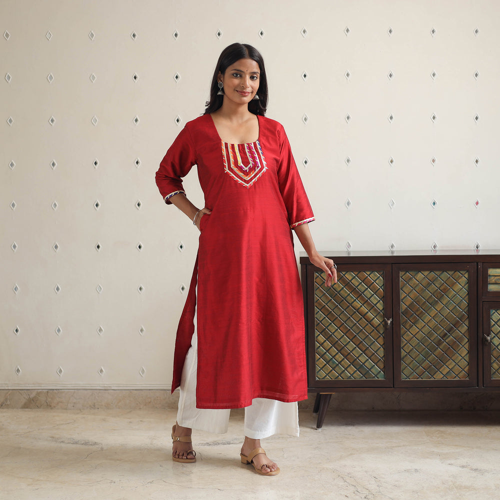 Red - Aaliya Maroon Gota Work Slub Silk Plain Kurta