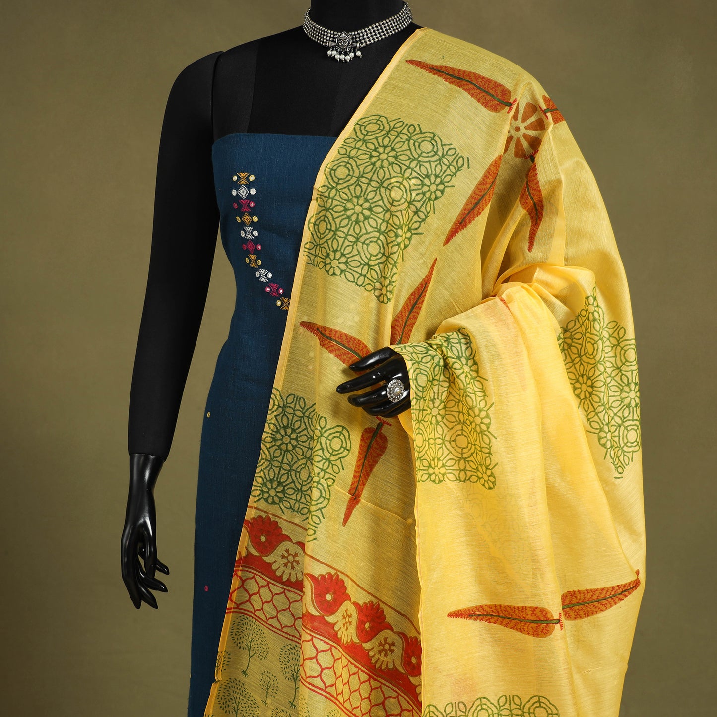 Yellow Block Print Chanderi Silk Sanganeri Floral Dupatta