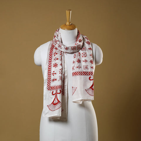 White - handloom tussar silk bengal kantha work stole 05