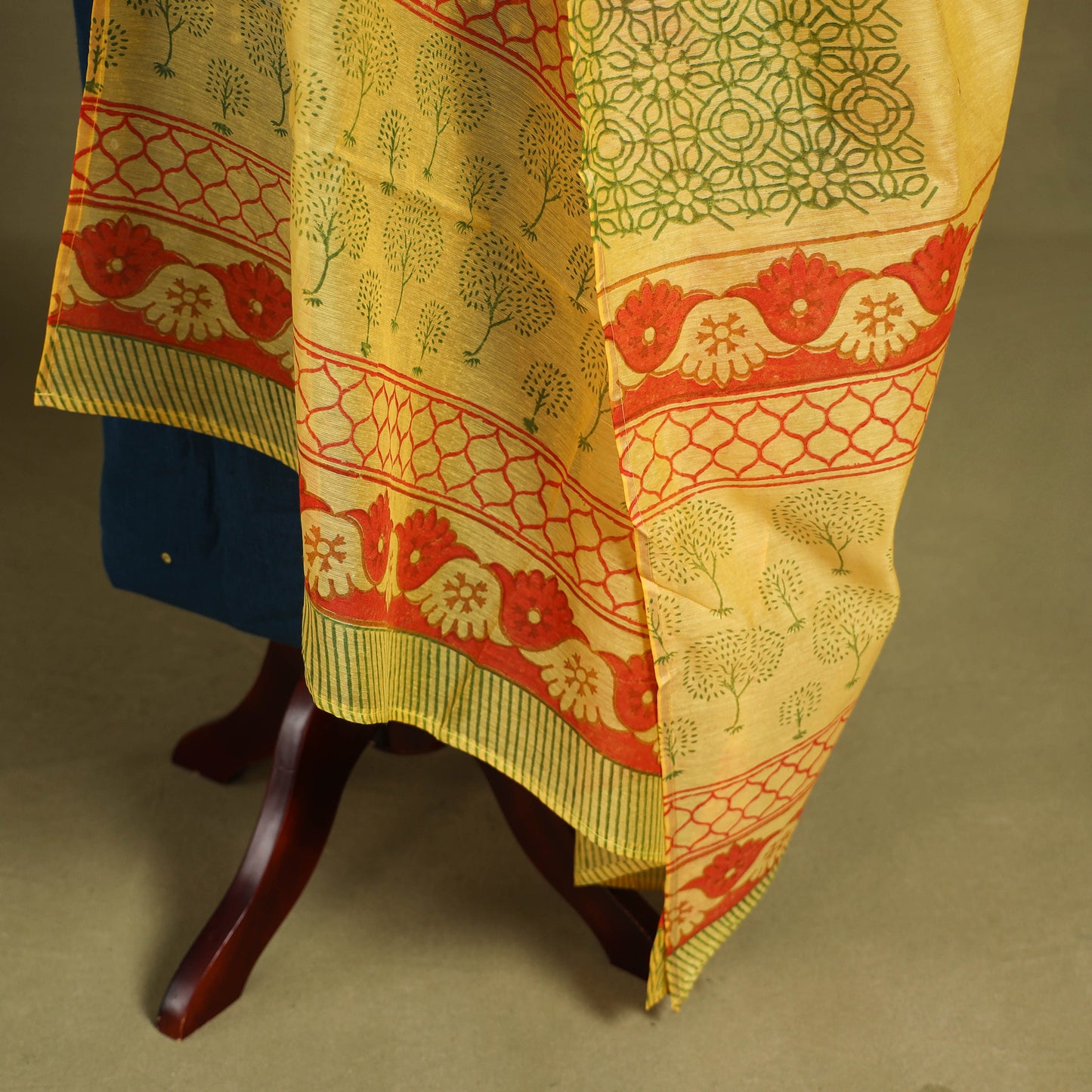 Yellow Block Print Chanderi Silk Sanganeri Floral Dupatta