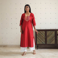 Red - Aaliya Maroon Gota Work Slub Silk Plain Kurta