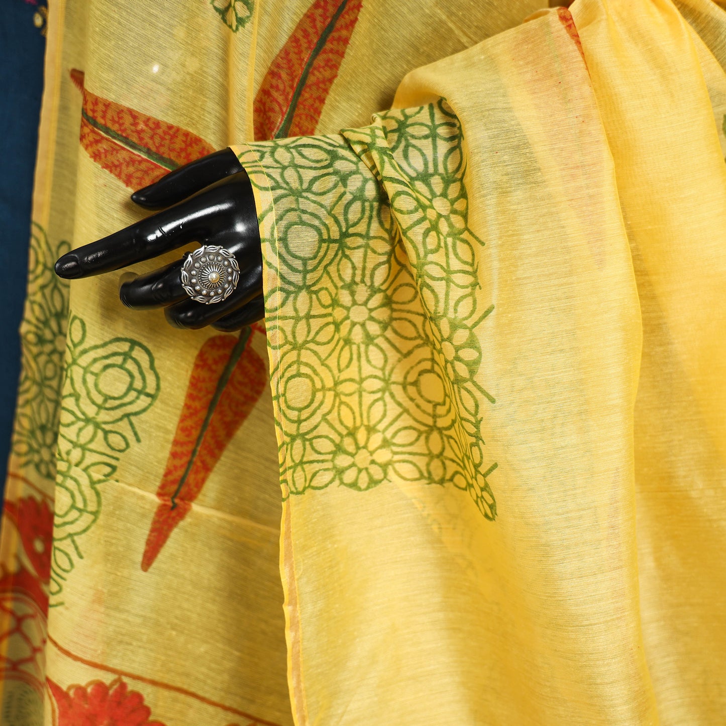 Yellow Block Print Chanderi Silk Sanganeri Floral Dupatta