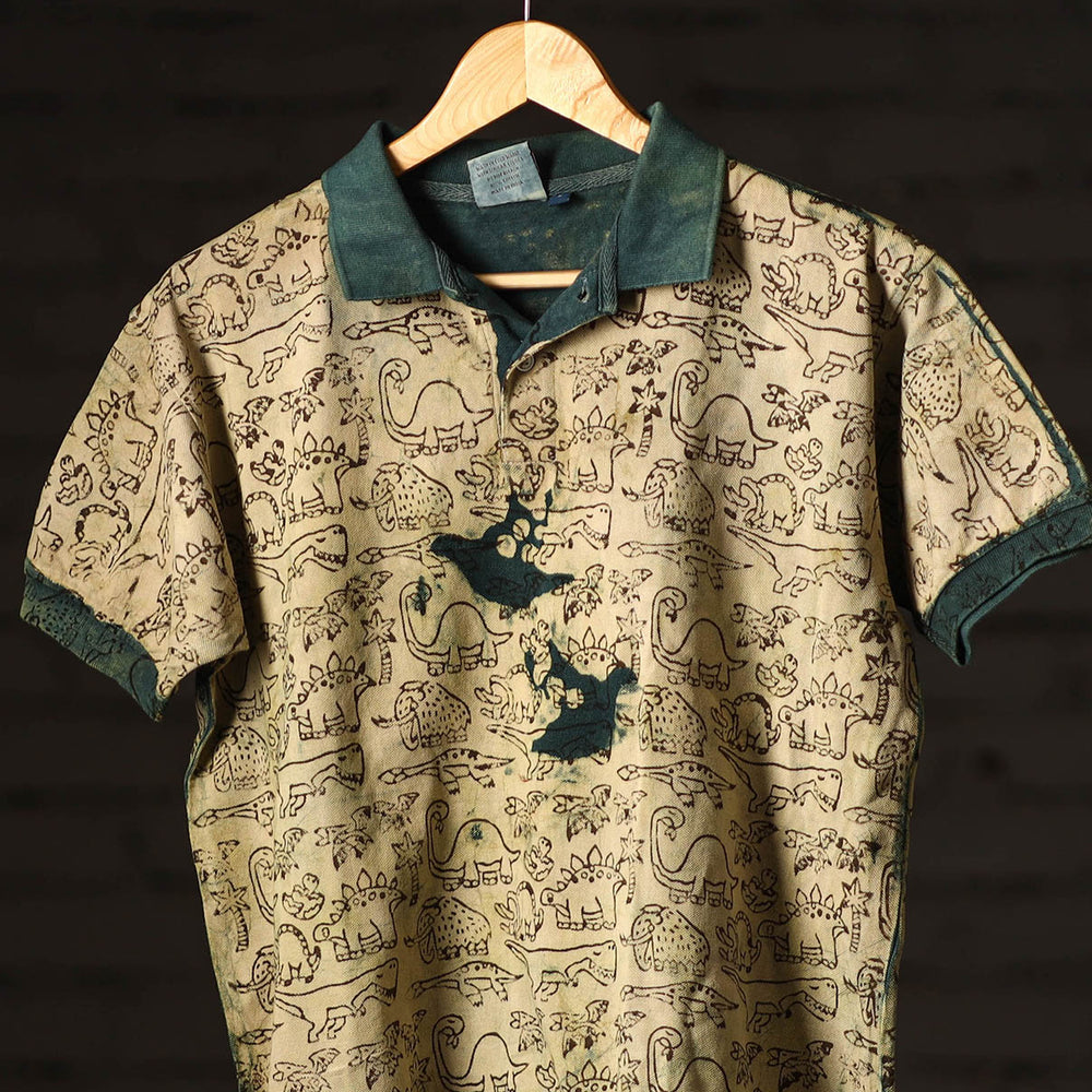 Green - Bindaas Natural Dyed Art Block Print Polo Collar T-shirt in Pure Cotton