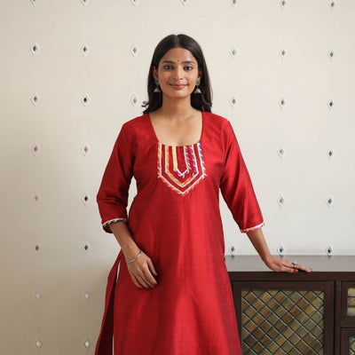 Red - Aaliya Maroon Gota Work Slub Silk Plain Kurta