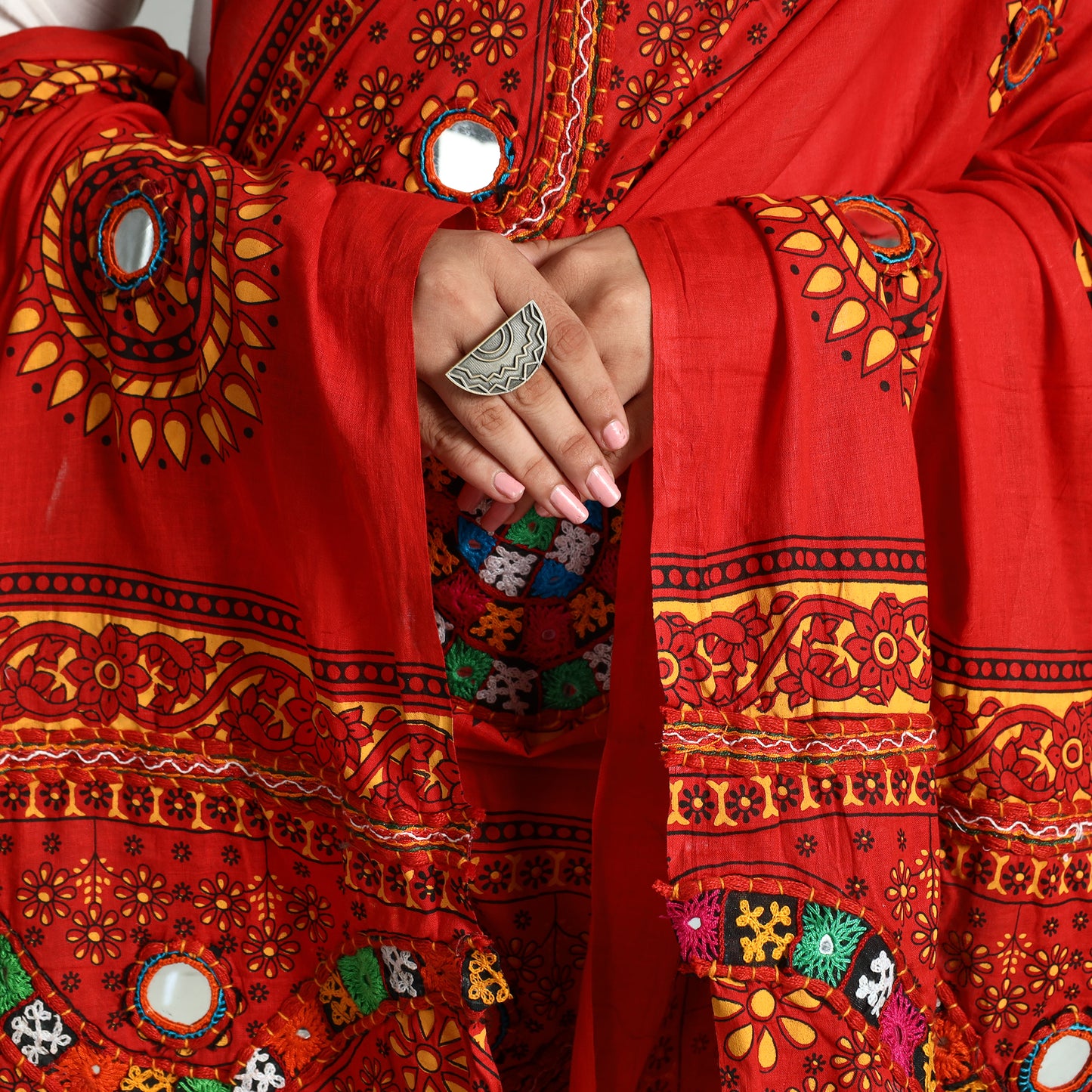 Red - Kutch Hand Embroidery Mirror Work Printed Cotton Dupatta 31