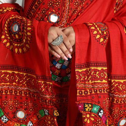 Red - Kutch Hand Embroidery Mirror Work Printed Cotton Dupatta 31