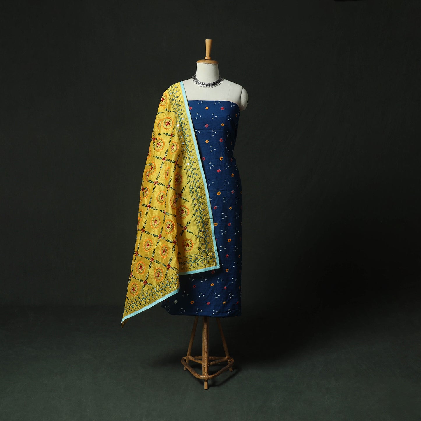 Blue - Kutch Bandhani Tie-Dye Cotton 2pc Unstitched Dress Material Kurta Set with Earrings 23