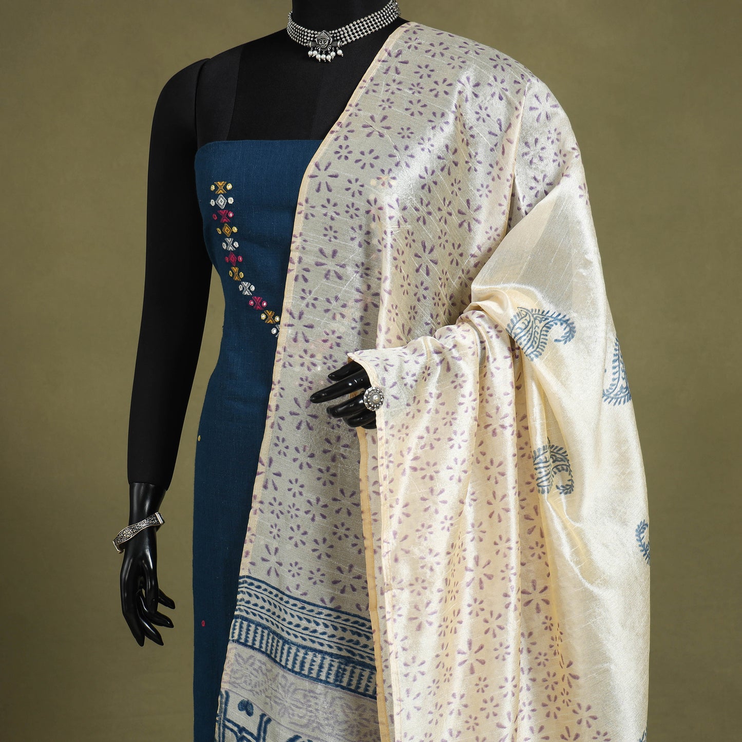 White Block Print Chanderi Silk Sanganeri Floral Dupatta