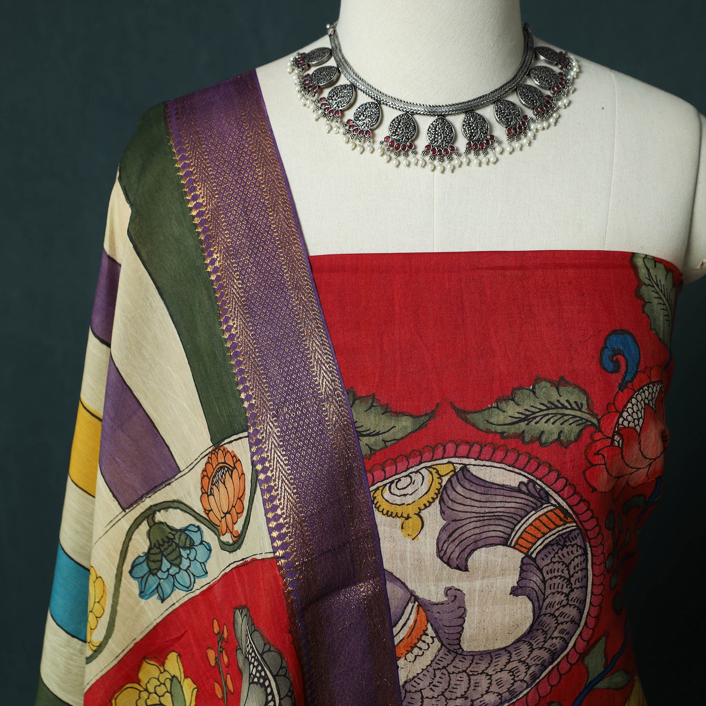 Handpainted Srikalahasti Pen Work Kalamkari Bangalore Silk 2pc Unstitched Dress Material Kurta Set 09