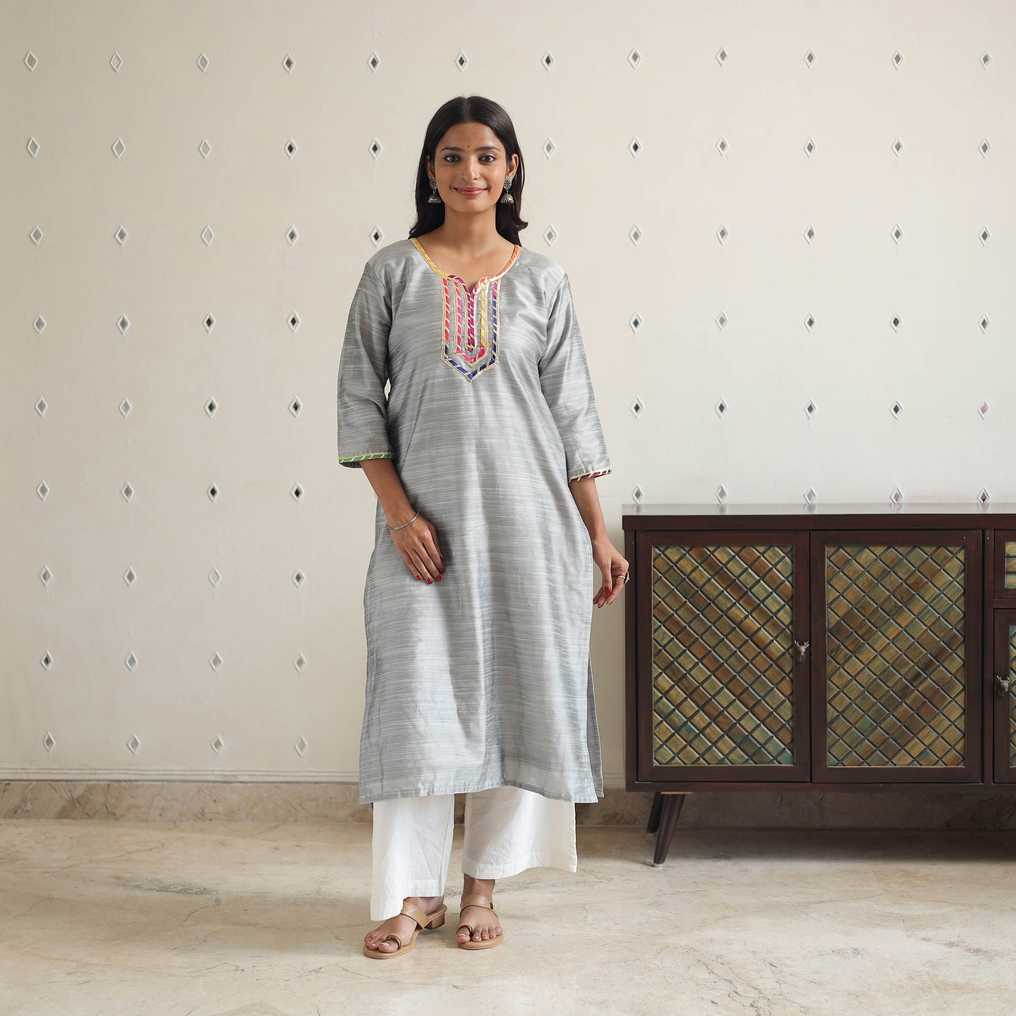 Grey - Ayesha Gray Gota Work Slub Silk Plain Kurta