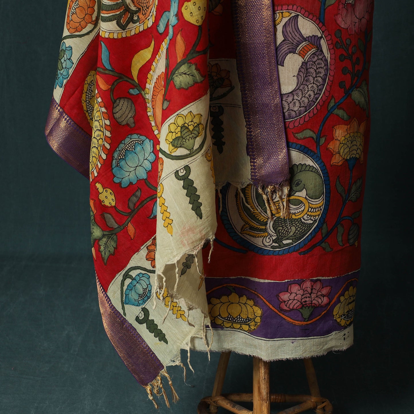 Handpainted Srikalahasti Pen Work Kalamkari Bangalore Silk 2pc Unstitched Dress Material Kurta Set 09