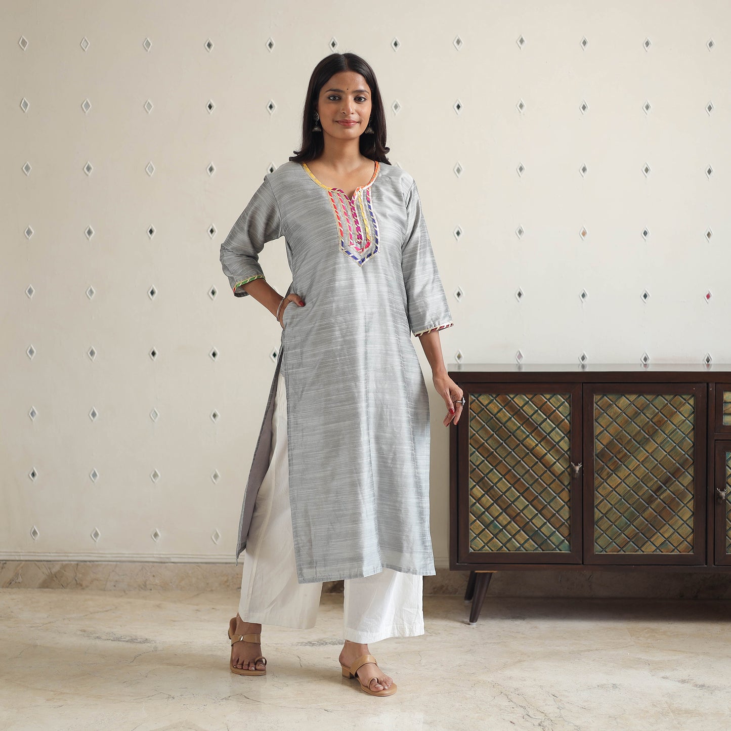 Grey - Ayesha Gray Gota Work Slub Silk Plain Kurta