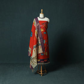 Handpainted Srikalahasti Pen Work Kalamkari Bangalore Silk 2pc Unstitched Dress Material Kurta Set 10