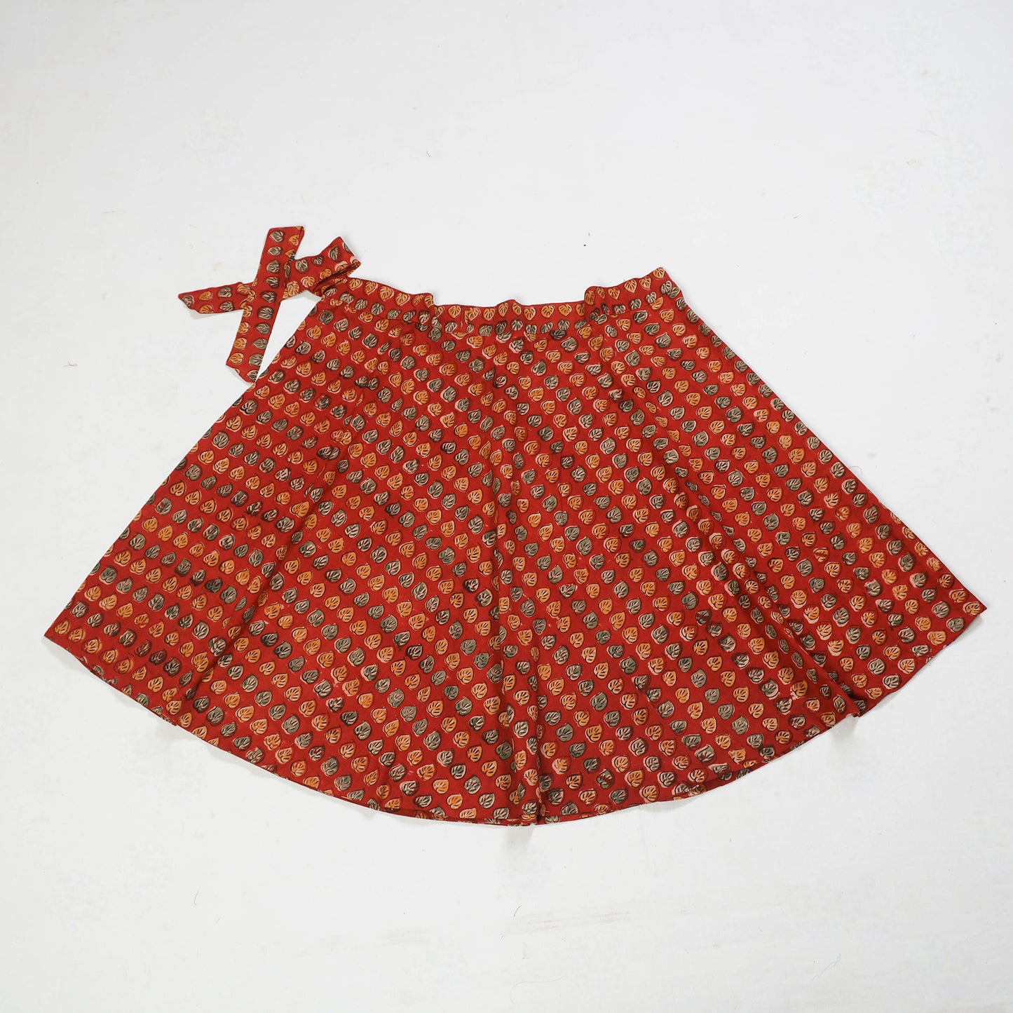 Red - Block Printed Cotton Wrap Around Kalamkari Skirt 05