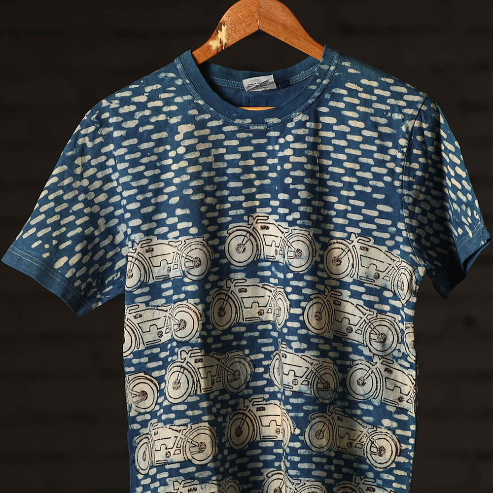 Blue - Bindaas Block Art Prints Natural Dyed Cotton Round Neck T-shirt