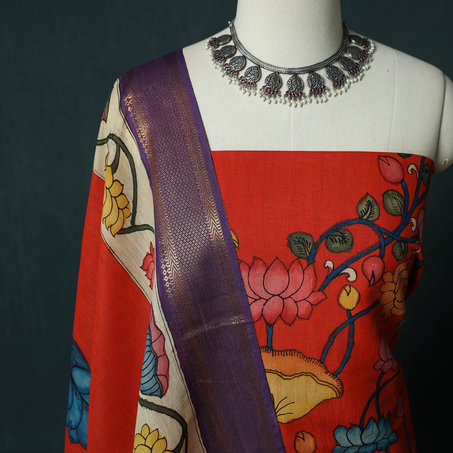 Handpainted Srikalahasti Pen Work Kalamkari Bangalore Silk 2pc Unstitched Dress Material Kurta Set 10