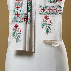 White - handloom tussar silk bengal kantha work stole 08