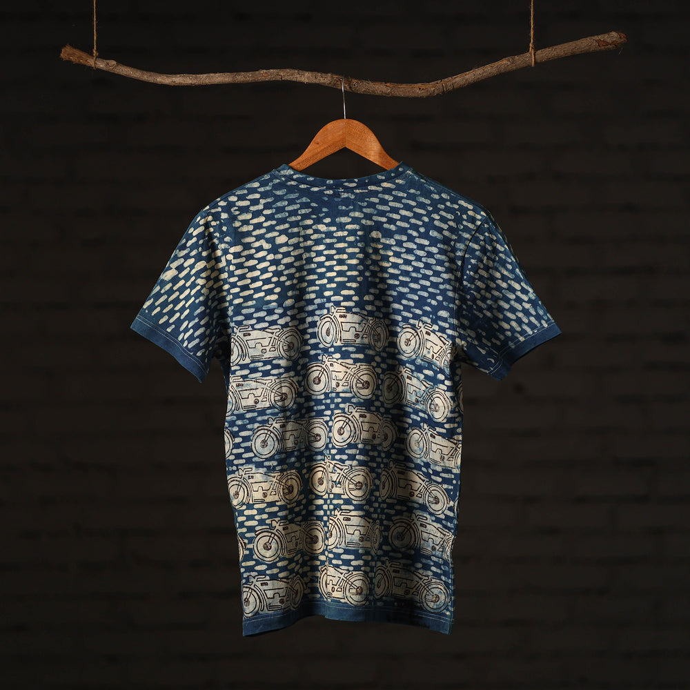 Blue - Bindaas Block Art Prints Natural Dyed Cotton Round Neck T-shirt