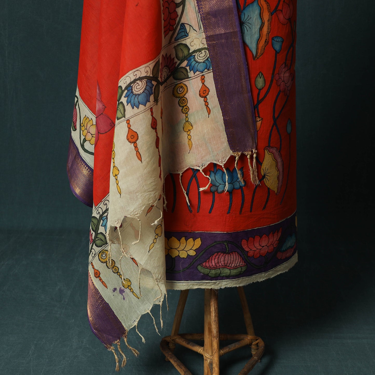 Handpainted Srikalahasti Pen Work Kalamkari Bangalore Silk 2pc Unstitched Dress Material Kurta Set 10