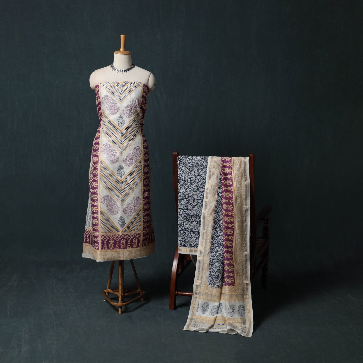 Bagh Hand Block Print Maheshwari Silk 3pc Unstitched Dress Material Suit Set 45