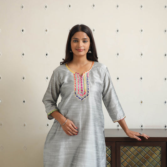 Grey - Ayesha Gray Gota Work Slub Silk Plain Kurta