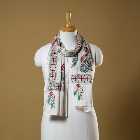 White - handloom tussar silk bengal kantha work stole 08