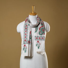 White - handloom tussar silk bengal kantha work stole 08