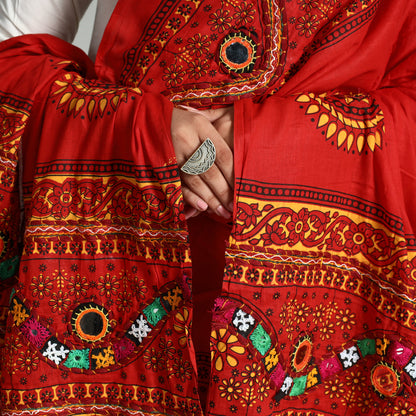 Red - Kutch Hand Embroidery Mirror Work Printed Cotton Dupatta 33