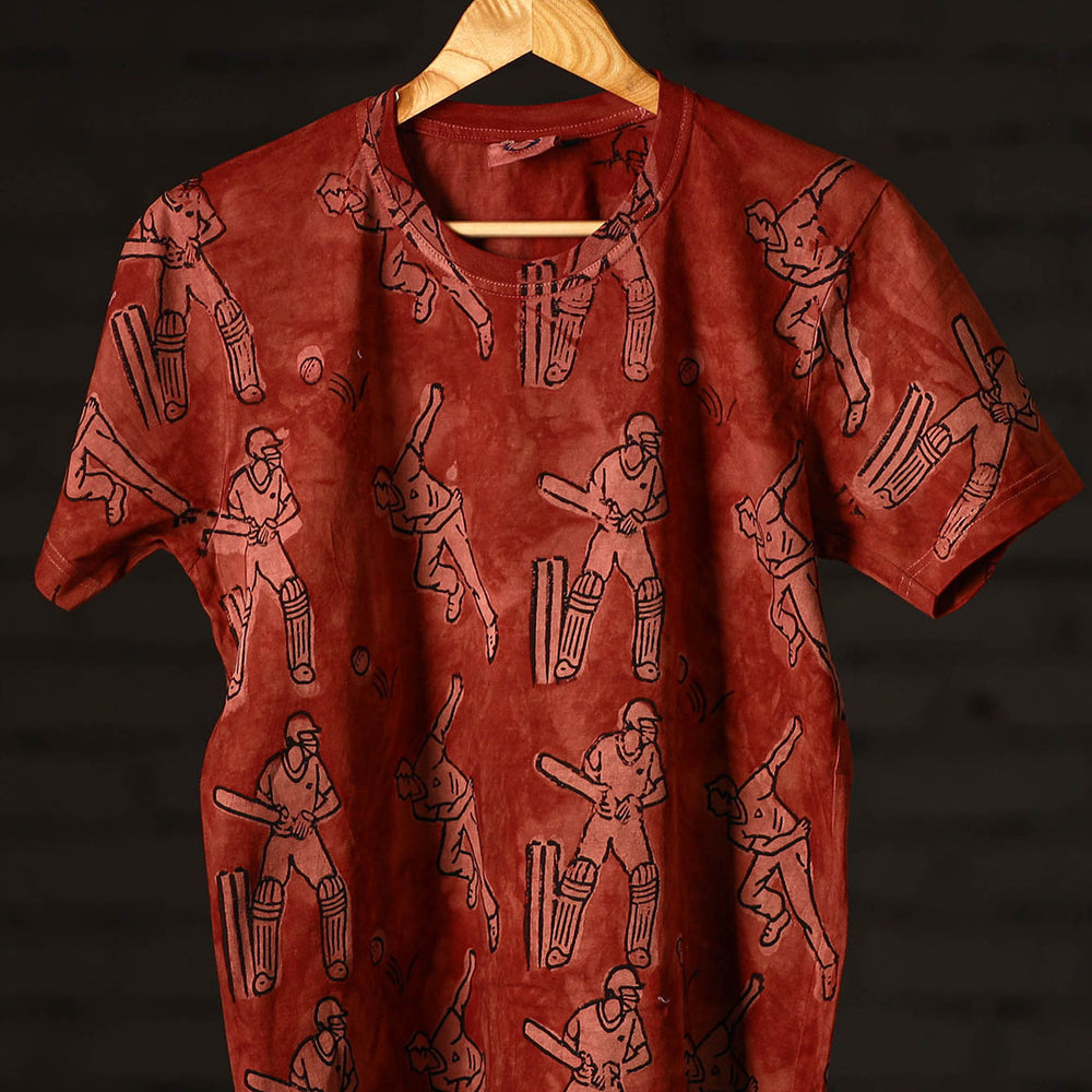 Red - Bindaas Block Art Prints Natural Dyed Cotton Round Neck T-shirt