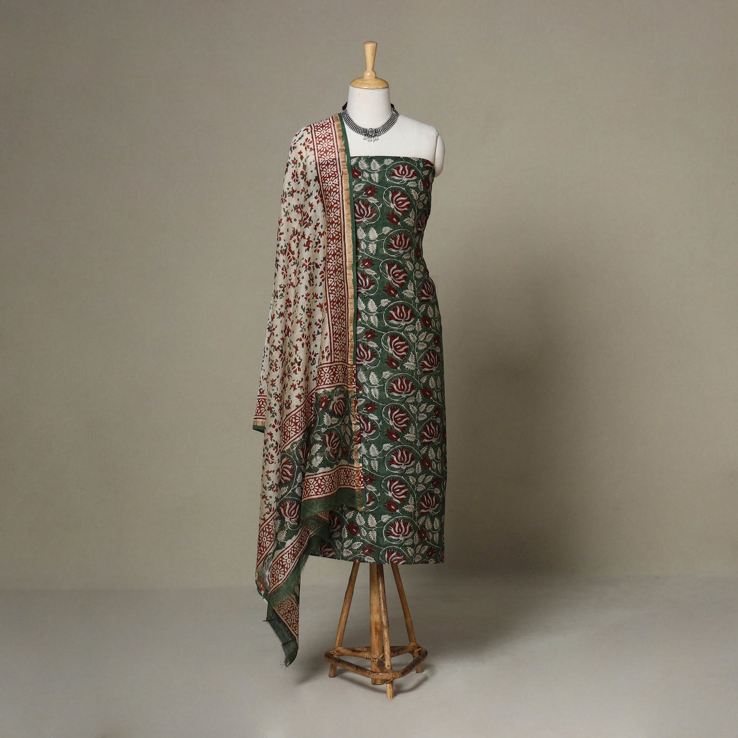 Green - 3pc chanderi silk unstitched sanganeri dress