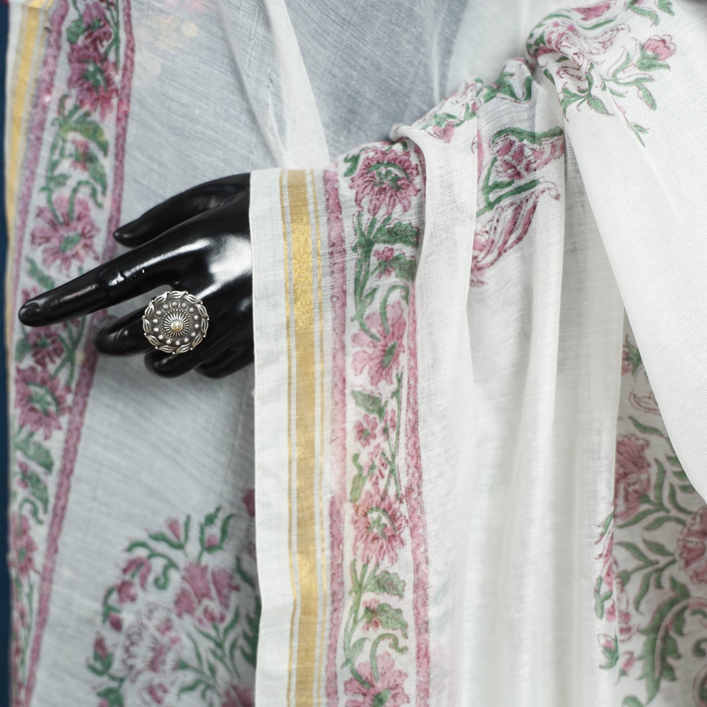 White Block Print Chanderi Silk Sanganeri Floral Dupatta