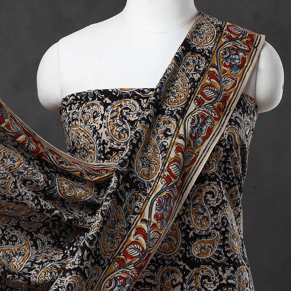 Black - 3pc Cotton Pedana Block Print Kalamkari Dress Material 21