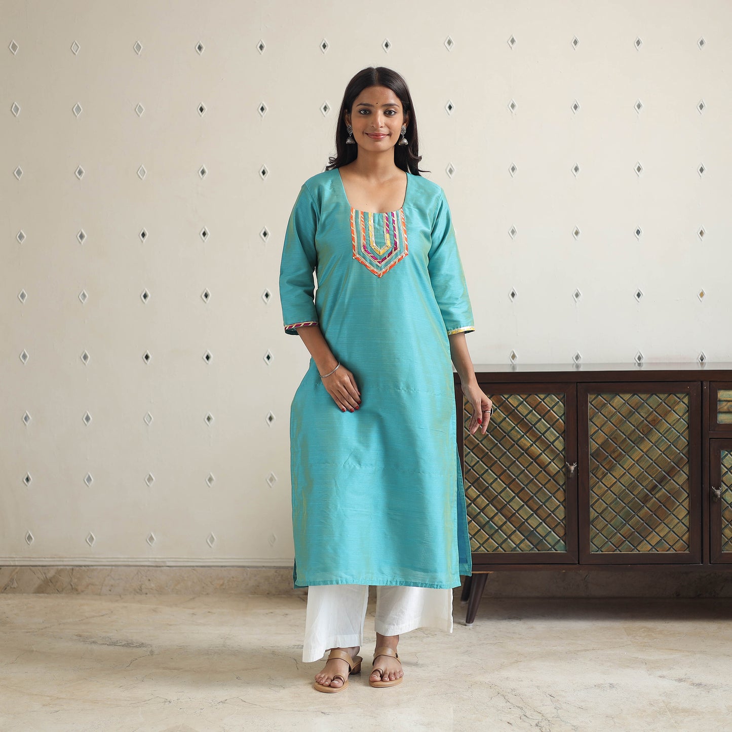 Green - Afreen Blue Gota Work Slub Silk Plain Kurta