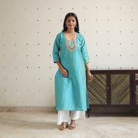 Green - Afreen Blue Gota Work Slub Silk Plain Kurta