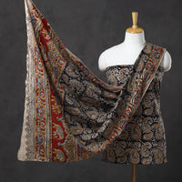 Black - 3pc Cotton Pedana Block Print Kalamkari Dress Material 21