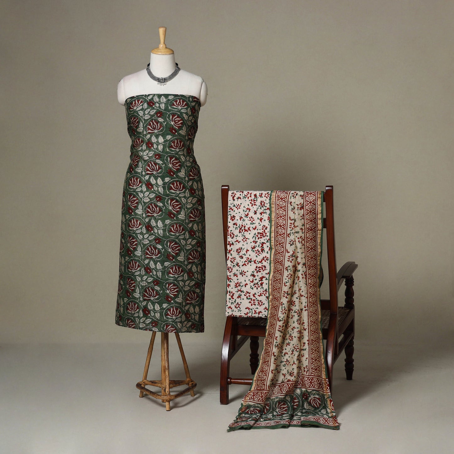 Green - 3pc chanderi silk unstitched sanganeri dress