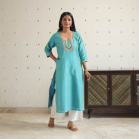 Green - Afreen Blue Gota Work Slub Silk Plain Kurta