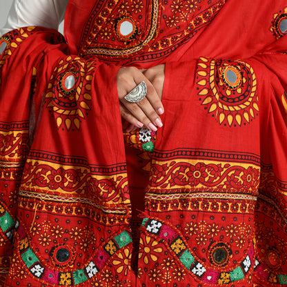 Red - Kutch Hand Embroidery Mirror Work Printed Cotton Dupatta 34