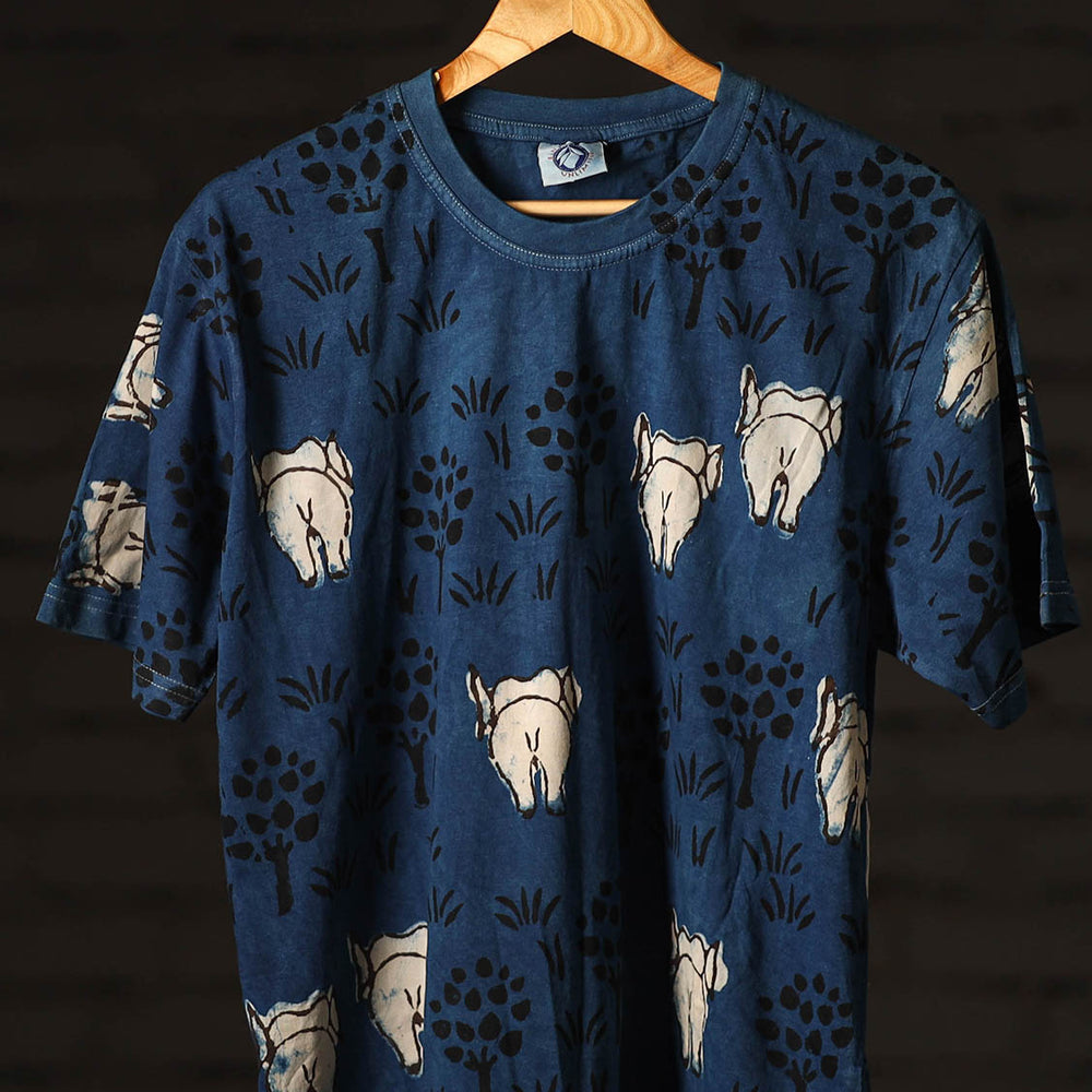 Blue - Bindaas Block Art Printed Cotton Round Neck T-shirt