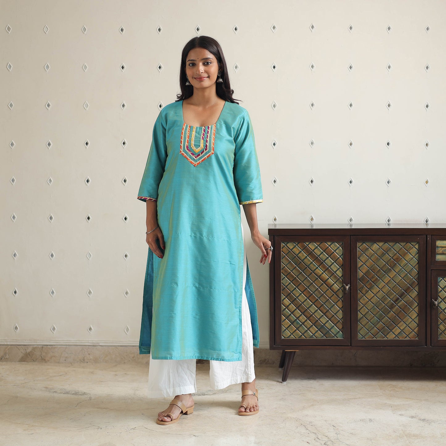 Green - Afreen Blue Gota Work Slub Silk Plain Kurta