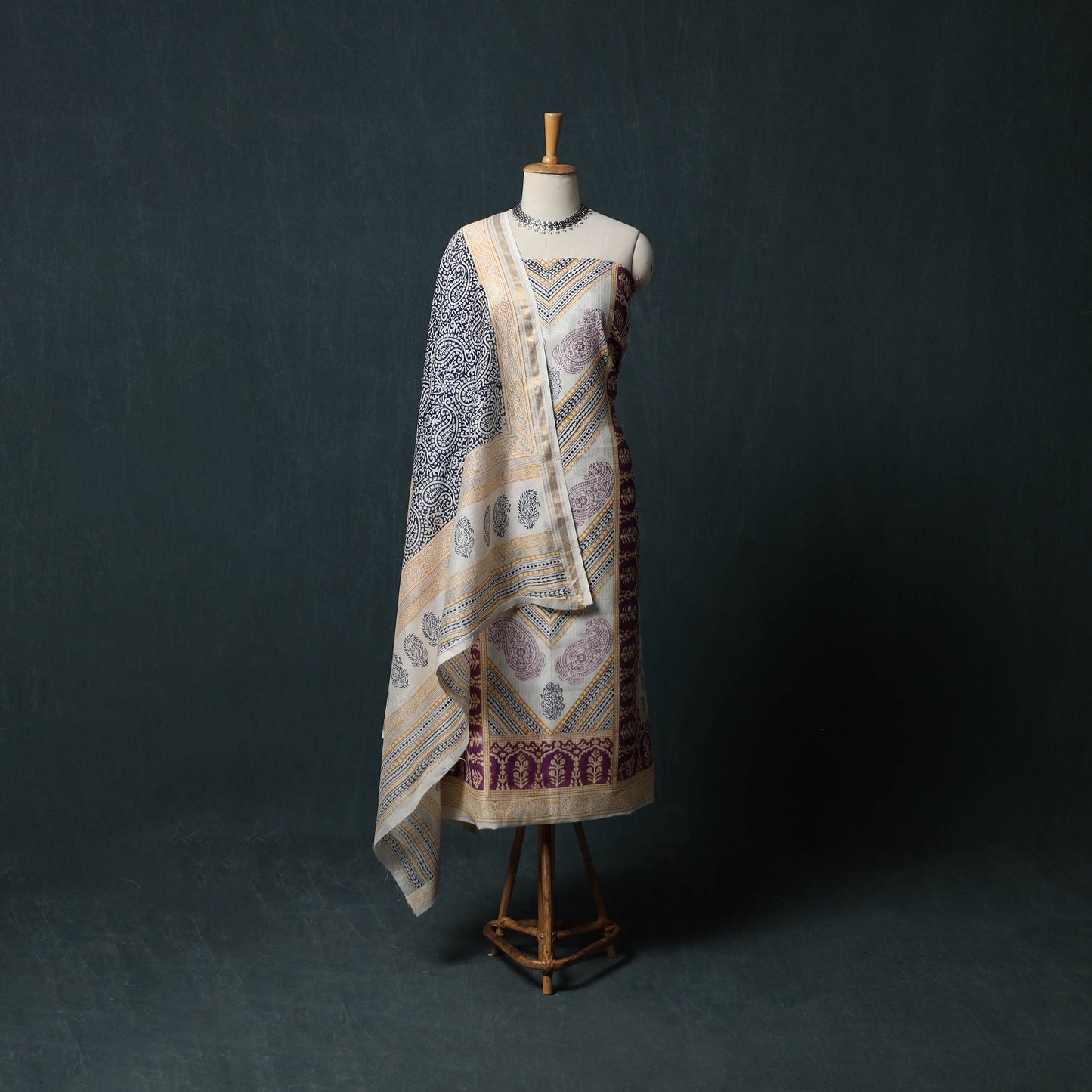 Bagh Hand Block Print Maheshwari Silk 3pc Unstitched Dress Material Suit Set 45