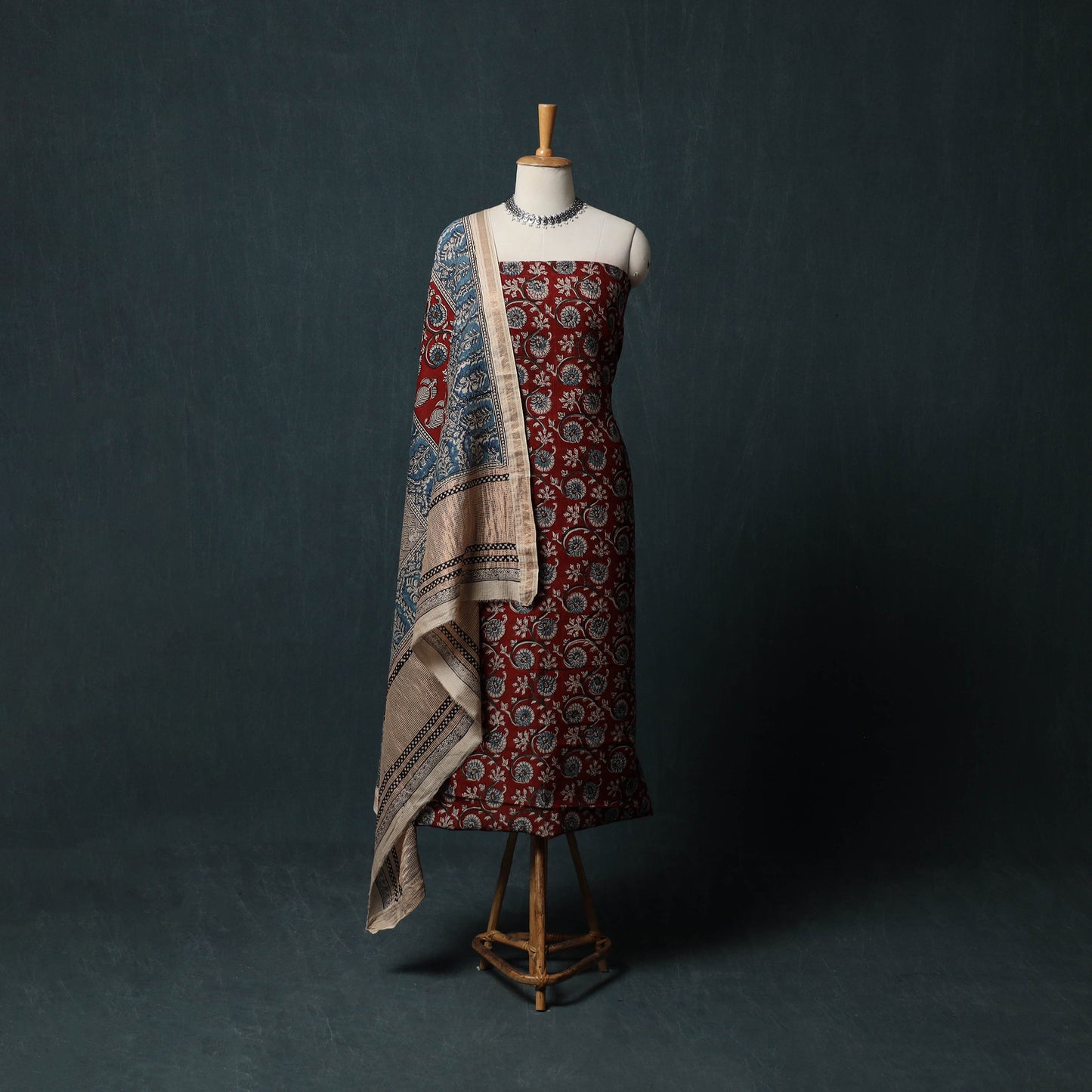 Indigo Bagh Hand Block Print Maheshwari Silk 3pc Unstitched Dress Material Suit Set 46