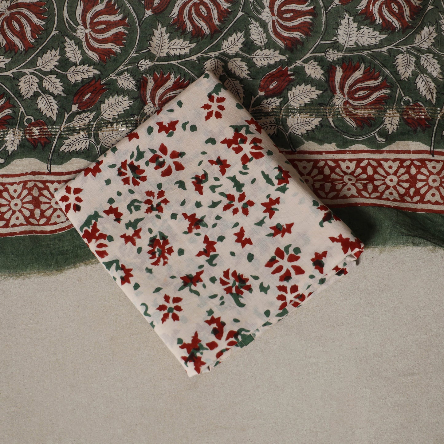 Green - 3pc chanderi silk unstitched sanganeri dress