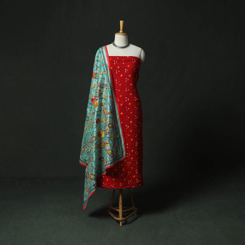 Kutch Bandhani Tie-Dye Cotton 2pc Unstitched Dress Material Kurta Set with Earrings 25