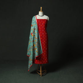 Red - Kutch Bandhani Tie-Dye Cotton 2pc Unstitched Dress Material Kurta Set with Earrings 25