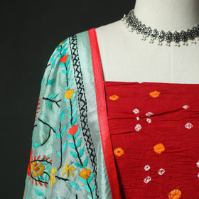 Red - Kutch Bandhani Tie-Dye Cotton 2pc Unstitched Dress Material Kurta Set with Earrings 25