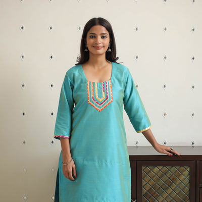 Green - Afreen Blue Gota Work Slub Silk Plain Kurta