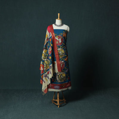 Handpainted Srikalahasti Pen Work Kalamkari Bangalore Silk 2pc Unstitched Dress Material Kurta Set 11